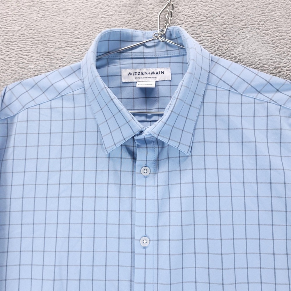 Mizzen+Main Dress Shirt Mens Large Blue Check Trim Fit Stretch Performance